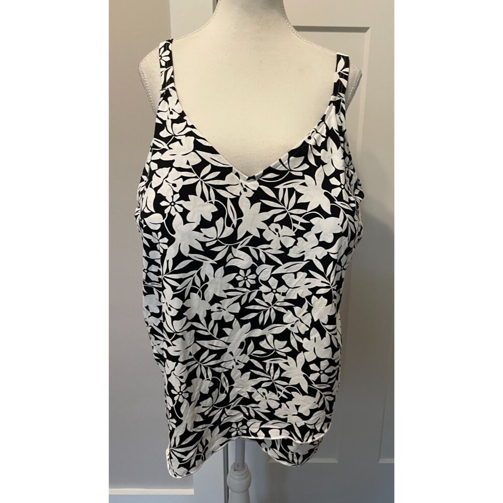 LANDS END Womens SWIM TOP Bathing Suit Top BLACK White FLORAL with Bra Size 3X
